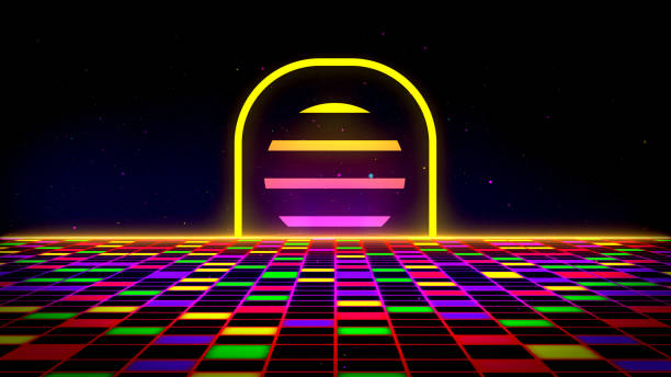 istock Retro 80s-90s Sci-Fi background futuristic grid landscape neon. Digital Cyber Surface. Suitable for design in the style of the 1980`s. 3D illustration 1681938473