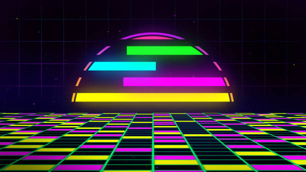istock Retro 80s-90s Sci-Fi background futuristic grid landscape neon. Digital Cyber Surface. Suitable for design in the style of the 1980`s. 3D illustration 1681938484