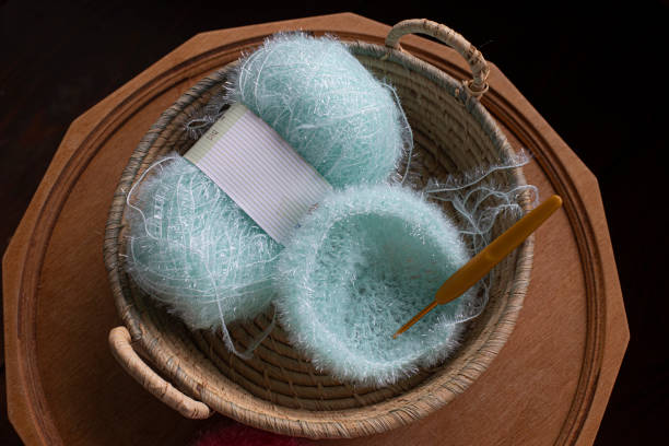 Loofah knitting yarn in a basket