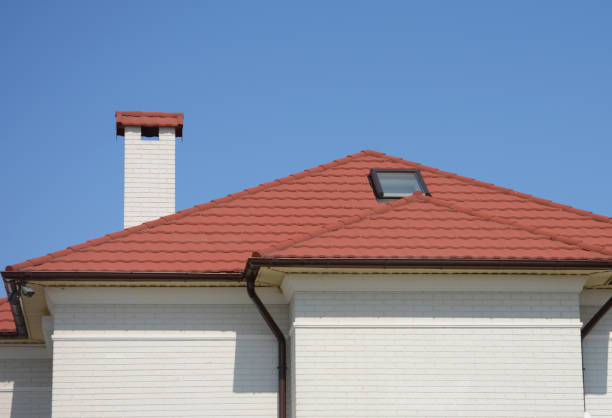 istock House red ceramic tiles rooftop with attic skylight window, rain gutter pipeline and white brick facade walls. 1681972563