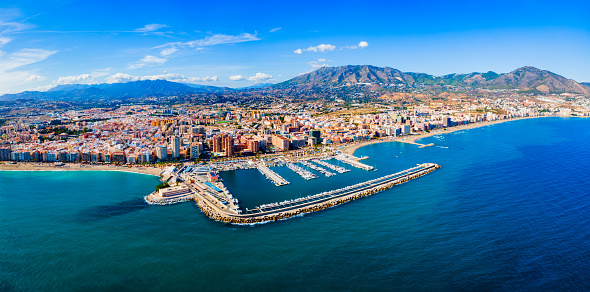 Fuengirola city beach and marina aerial panoramic view. Fuengirola is a city on the Costa del Sol in the province of Malaga in the Andalusia, Spain.