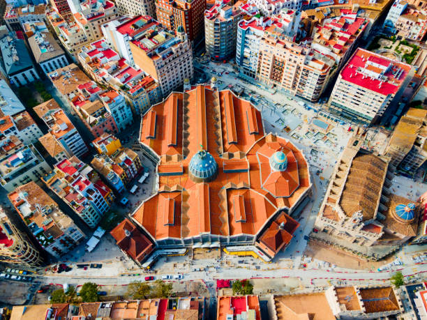 Mercado Central aerial panoramic view. Mercat Central is a public central market located in central Valencia, Spain.
