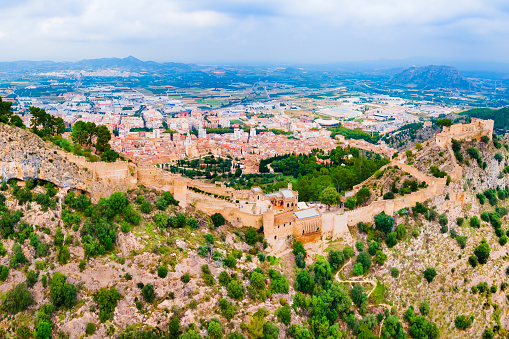 Xativa Castle aerial panoramic view. Castillo de Jativa is a castle located in the city of Xativa near Valencia in Spain.
