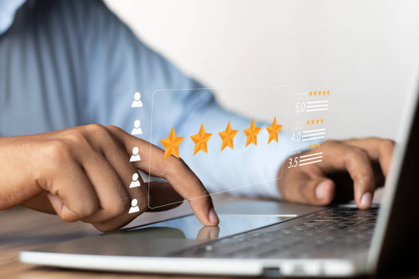 istock Customer or User give rating to service experiences review satisfaction feedback survey on online application, Customer can evaluate quality of service leading to reputation ranking of business. 1681974896
