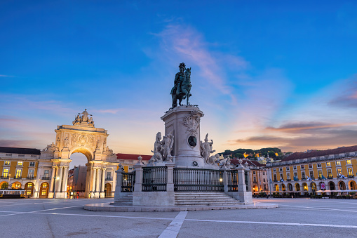 Lisbon Portugal, sunrise panorama city skyline at Arco da Rua Augusta and Commerce Square