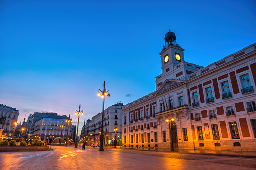 Madrid Spain, night city skyline at Puerta del Sol