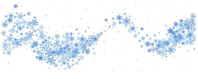 Snowflake wave winter background. Crystal stars Christmas decoration. Cold wind swirl snowstorm. Vector illustration.