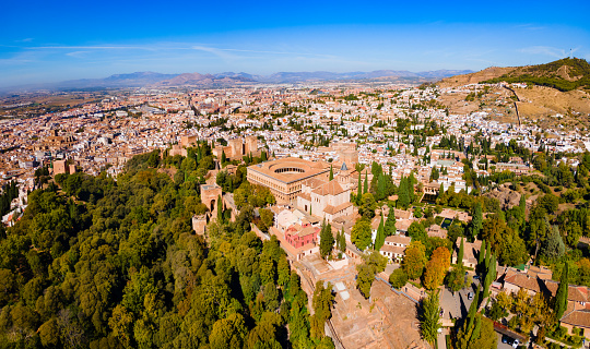 The Alhambra aerial panoramic view. The Alhambra is a fortress complex located in Granada city, Andalusia region in Spain.