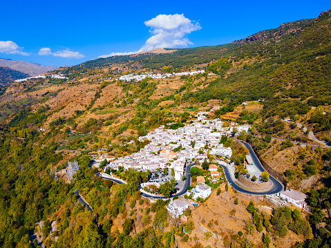 Pampaneira village aerial panoramic view. Pampaneira is a village in the Alpujarras area in the province of Granada in Andalusia, Spain.