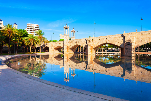 The Puente del Mar is a pedestrian bridge that crosses the river Turia in the city of Valencia in Spain