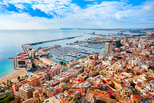 Alicante city centre aerial panoramic view. Alicante is a city in the Valencia region, Spain.