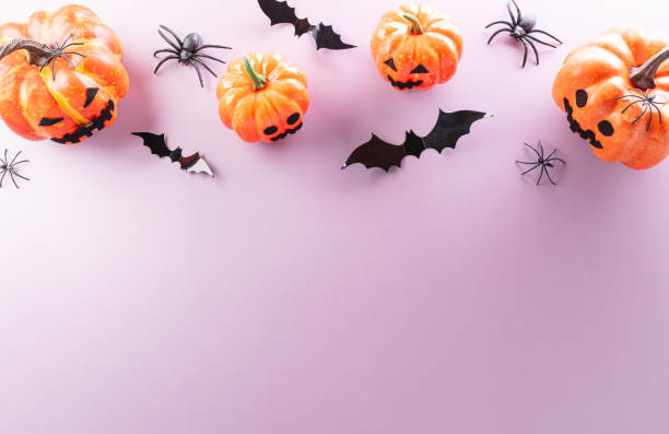 istock Halloween decorations made from pumpkin, paper bats, black spider on pastel background 1682006815