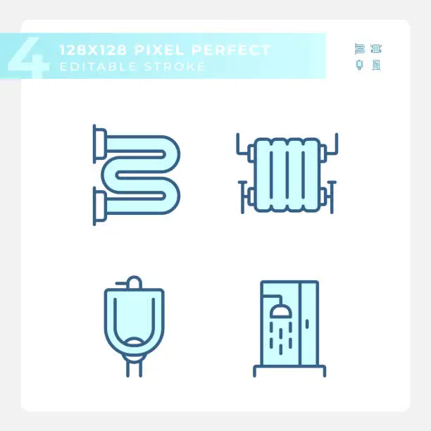 Vector illustration of 2D editable pixel perfect blue plumbing icons
