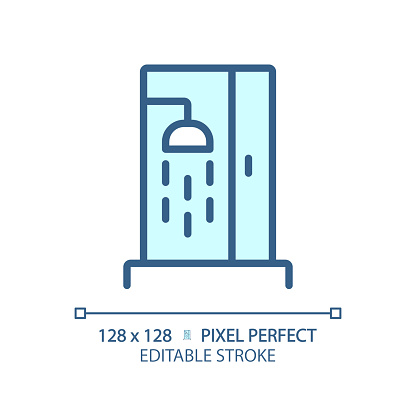 2D pixel perfect editable blue shower icon, isolated vector, thin line illustration representing plumbing.
