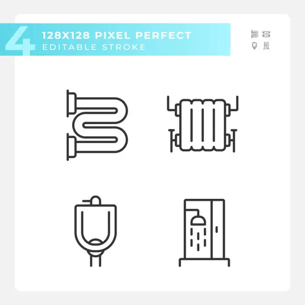 Vector illustration of 2D editable pixel perfect black plumbing icons