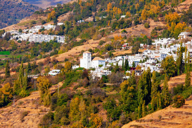 Bubion village aerial panoramic view. Bubion is a village in the Alpujarras area in the province of Granada in Andalusia, Spain.