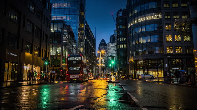 Financial district in London at night