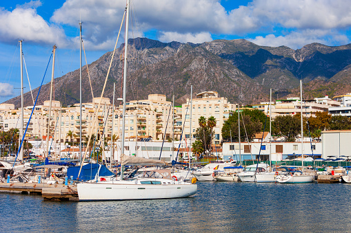 Marbella marina or city port with yachts and boats. Marbella is a city in the province of Malaga in the Andalusia, Spain.
