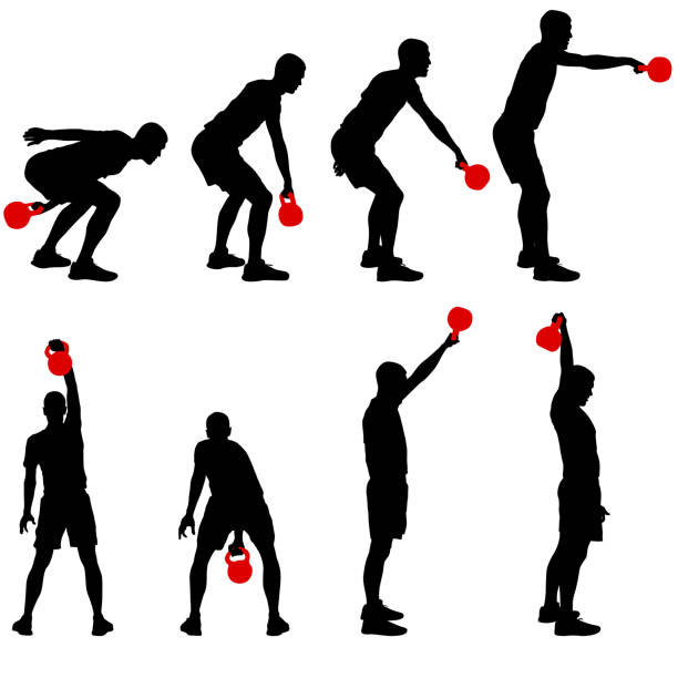 Set silhouette muscular man holding kettle bell Set silhouette muscular man holding kettle bell. gym workout silhouettes stock illustrations