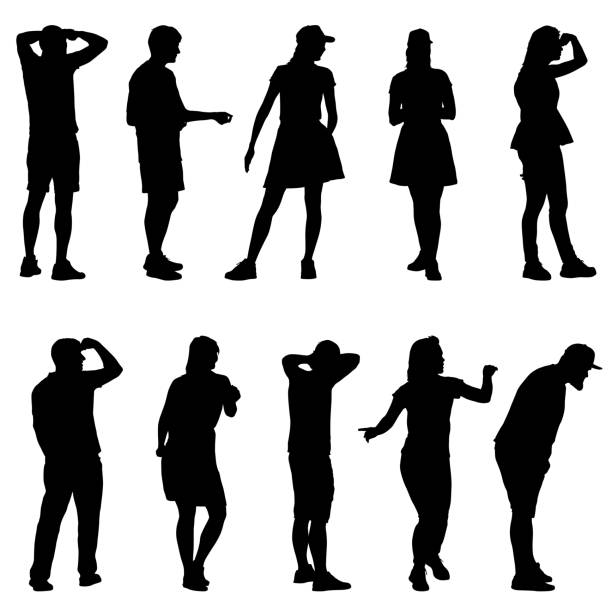 Silhouette Group of People Standing on White Background vector art illustration