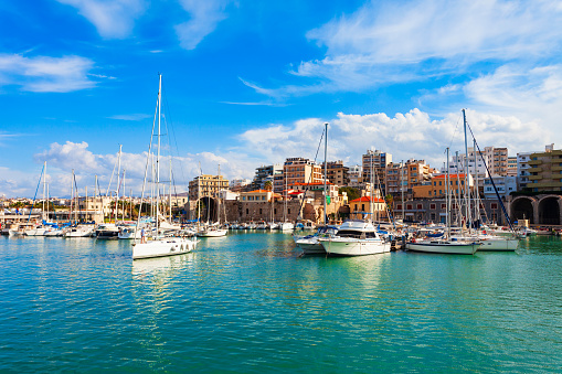 Port in the Harbor of Heraklion in the centre of Heraklion or Iraklion, the largest city and the capital of the island of Crete, Greece