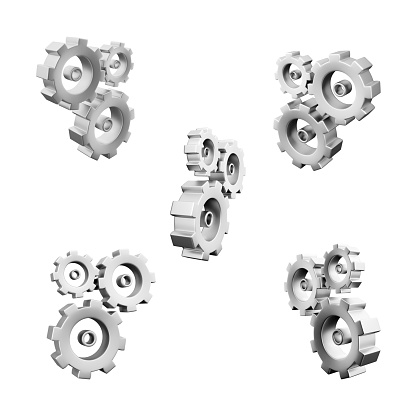 3d rendering three gears icon set. 3d render mechanism consisting of three gears of different sizes different positions icon set.