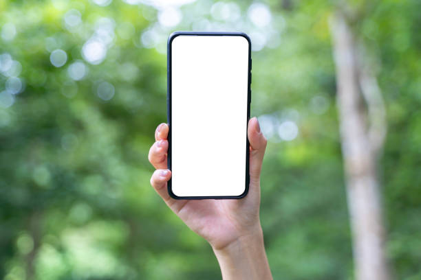 istock Hand holding white mobile phone with blank white green nature background. 1682050949