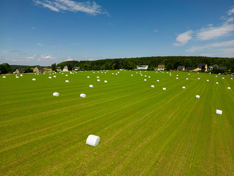 a bale of hay on the field is wrapped in film, long-term storage hay