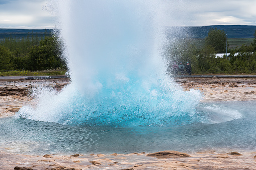 Geological phenomenon of Strokkur Geyser eruption, natural hot spring pulsing in national park at Iceland