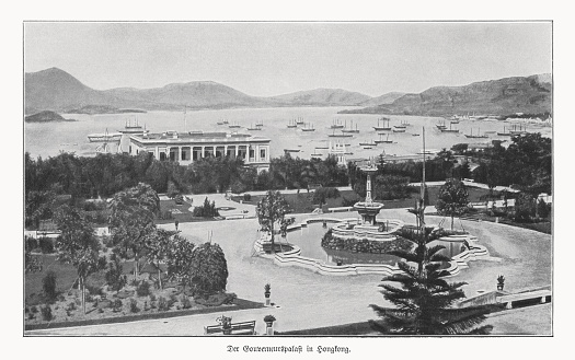 Historical view of the Government House in Hong Kong, China. Halftone print after a photograph, published in 1900.