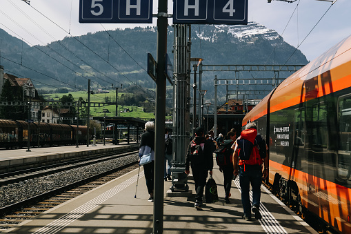 Schwyz, Switzerland - April 12, 2022: Arth-Goldau railway station is a railway station in Arth. The station is located in the centre of the village of Goldau.
