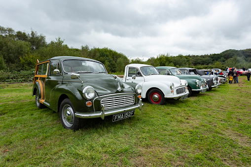 Newcastle-under-Lyme, Staffordshire-united kingdom April, 14, 2023 Morris Minor 1000 a classic British four door saloon car built from 1948 to 1972 affectionately nicknamed the Moggie, on show at a local car meet