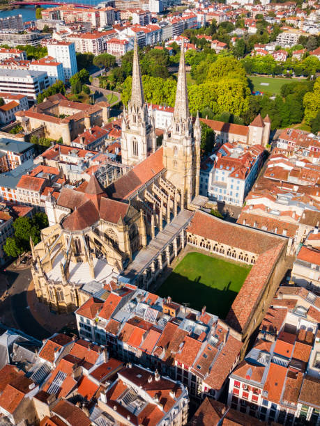 Bayonne aerial panoramic view, France The Cathedral of Saint Mary or Our Lady of Bayonne aerial panoramic view, roman Catholic church in Bayonne town in France bayonne stock pictures, royalty-free photos & images