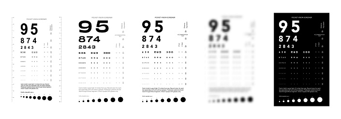 Set of Rosenbaum Pocket Vision Screener Eye Test Chart medical illustration with numbers. Line vector sketch style outline isolated on white, black background. Vision board optometrist ophthalmic
