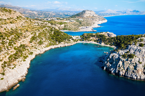 Ladiko beach and Anthony Quinn Bay aerial panoramic view in Rhodes island in Greece