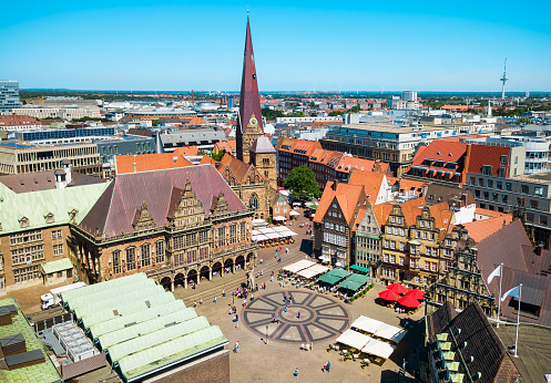 Aerial panoramic view over the rooftops and historic spires of Copenhagen, Denmark’s vibrant capital city.