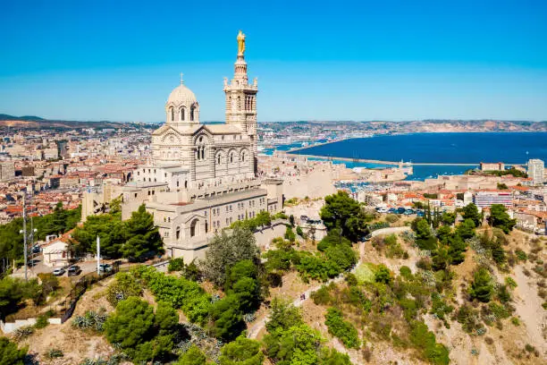 Notre Dame de la Garde or Our Lady of the Guard aerial view, it is a catholic church in Marseille city in France