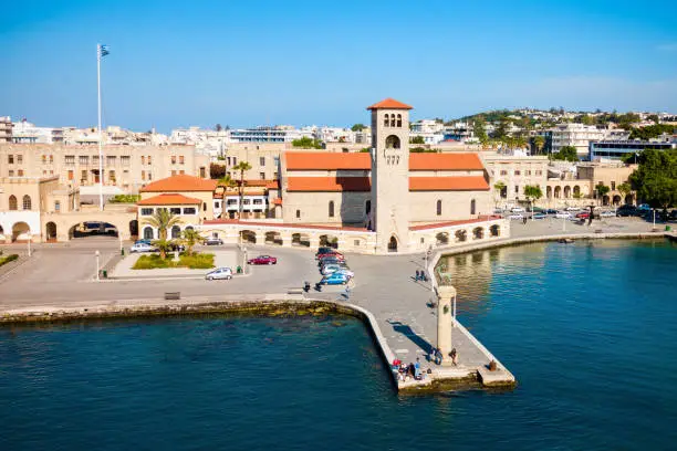 Colossus of Rhodes and Evangelismos Church or Ekklisia Evaggelismos aerial panoramic view in Rhodes island in Greece