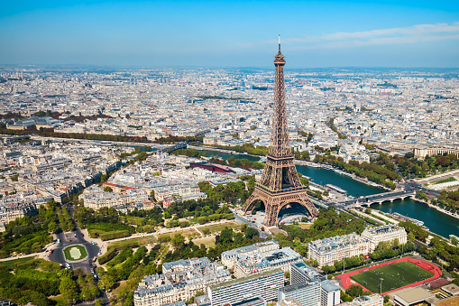 Eiffel Tower or Tour Eiffel aerial view, is a wrought iron lattice tower on the Champ de Mars in Paris, France