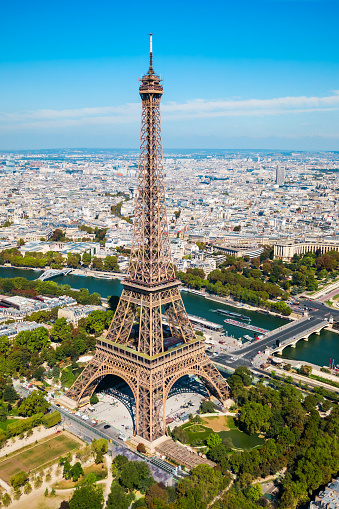 Eiffel Tower or Tour Eiffel aerial view, is a wrought iron lattice tower on the Champ de Mars in Paris, France