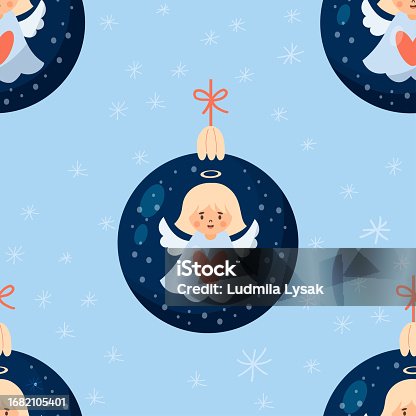 istock Seamless new year pattern with Christmas ball with angel on light blue background. Vector illustration in cartoon style. Cute Xmas kids collection. 1682105401