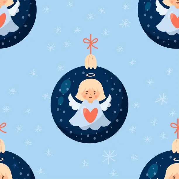 Vector illustration of Seamless new year pattern with Christmas ball with angel on light blue background. Vector illustration in cartoon style. Cute Xmas kids collection.