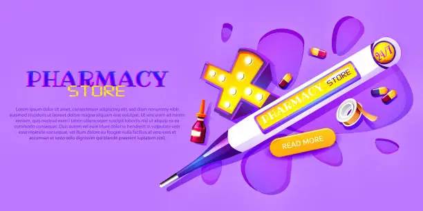 Vector illustration of Online shopping concept in cartoon style. Medical products and medicines for treatment on a colored background. Online sale of medicines, online pharmacies. Stylish web template.