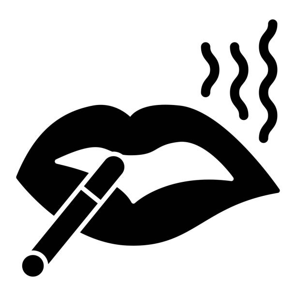 白い背景にタバコの実のアイコンを持つ唇、喫煙のコンセプト、タバコのサインを持つ唇、ベクター画像。 - smoking sign点のイラスト素材／クリップアート素材／マンガ素材／アイコン素材