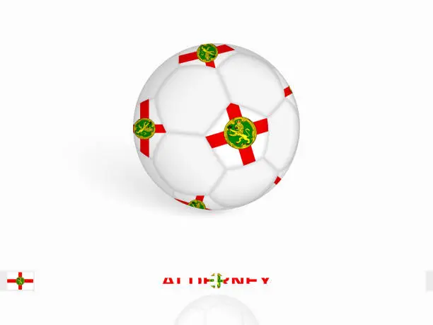 Vector illustration of Soccer ball with the Alderney flag, football sport equipment.