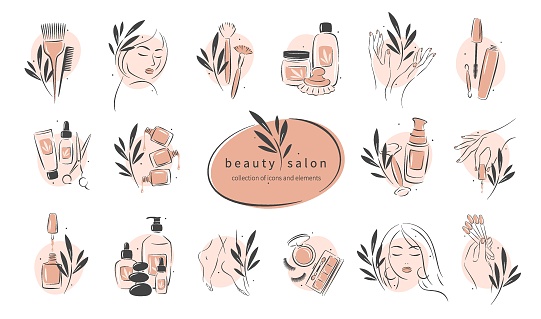 Big set of elements and icons for beauty salon. Nail polish,  manicured female hands, beautiful woman face, lipstick, eyelash extension, makeup, hairdressing. Vector illustrations