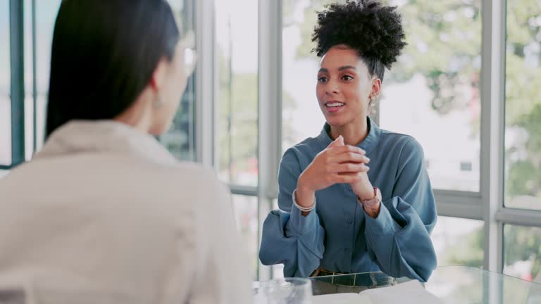 Meeting, recruitment and business people in an interview in office boardroom for onboarding. Collaboration, human resources and professional female team in discussion for hiring together in workplace