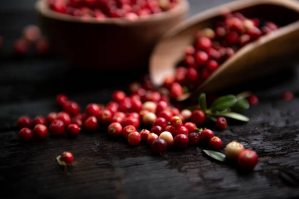 istock Fresh raw cranberry in wooden bowl on rustic table 1682172202