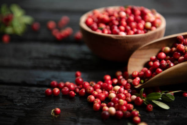 istock Fresh raw cranberry in wooden bowl on rustic table 1682172207