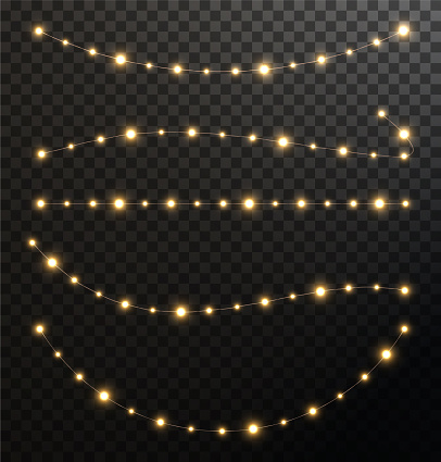 Christmas sparkling bright small lights in gold color.
Vector group of shining wind garlands for your design.
Design element for cards, invitations, business cards, promotions, banners, advertising.